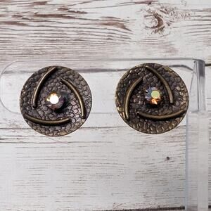 Vintage Clip On Earrings Metal Circle with Iridescent Gems